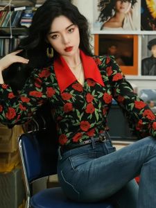 Retro Hong Kong Style Long Sleeve Rose Print Shirt Womens High Waist Belted Slim Fit Short Top Commute Fashion Ladies Shirt