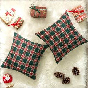 2PCS Christmas Plaid Decorative Throw Pillow Covers Scottish Tartan Cushion Case for Farmhouse Home Holiday Decor Red and Green