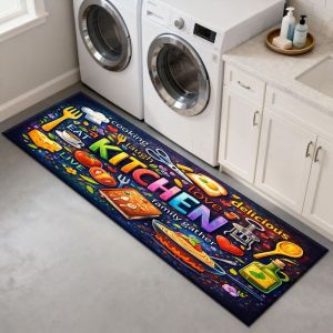 VIKAMA Colorful Artistic Graffiti Area Rug KITCHEN Letter Food Kitchenware Print Non Slip Kitchen Rug Washable Hallway Decor