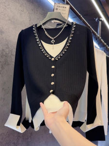 Fashionable Heavy Embellished Diamond Color Block V-neck Knitwear Long Sleeve Slimming Top for Autumn New Arrival plus Size