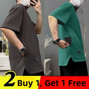 Buy One Get One Free Hidden Pocket Heavyweight Breathable Mens Short Sleeve round Neck Summer Solid Loose plus Size T-Shirt