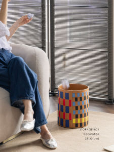 Ranai Herm @ S. Color Leather Trash Can Hand-Woven Bedroom Living Room Storage Dirty Clothes Basket Vase Flower