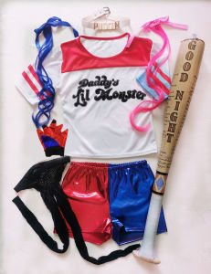 Suicide Squad Harley Quinn Cosplay Costumes Girls Women T-Shirt Shorts Embroidered Jackets Accessories 7Pcs Set