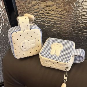 Cute Miffy Blue Checkered Polka Dot Patchwork Cosmetic Storage Bag Cartoon Rabbit Sanitary Napkin Storage Kawaii Gift Toy