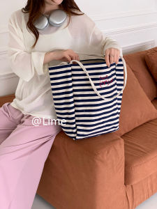 2024 New Simple Striped Canvas Tote Bag Large Capacity Handbag Womens Lazy Style Embroidery Canvas Shoulder Bag Casual Fashion