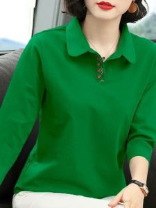 Long Sleeve Polo Shirt Womens Base Layer Top Middle-Aged Mom Spring Autumn Wear plus Size Two-Piece Set Fashionable Casual Wear