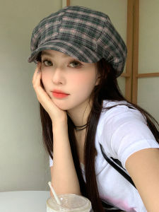 Retro Japanese Plaid Cloud Octagonal Hat Women Summer 2025 New Newsboy Cap Large Head Size Small Face Beret Hat