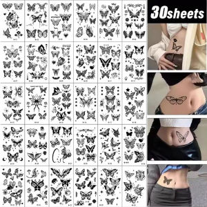 Dorisna 30 Sheets Black Butterfly Tattoo Stickers Waterproof Disposable Temporary Transfer Tattoo Women Men Hand Body Fake Tattoos Decoration
