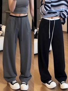 High Waist Wide Leg Casual Pants Womens Straight Cut American Style Color Block plus Size Pear Shape Slimming Autumn New Arrival
