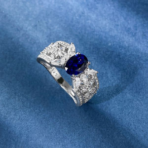 S925 Silver 5X7mm Royal Simulation Blue Sapphire Ins Style Wedding Ring