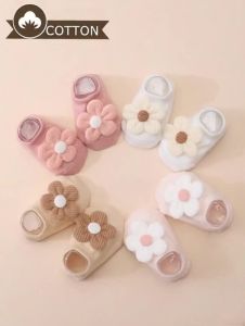 4 Pairs of Baby Girls Cute Ladylike Flower Decorated Short Socks Solid Color Anti-Slip Bottom Boat Socks Four Seasons Versatile