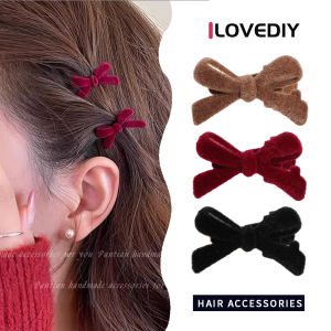 [ILOVEDIY] Cute Small Red Flocked Bow Bangs Clip for Broken Hair and Duckbill Clip for Forehead
