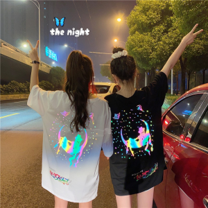 Reflective Colorful T-Shirt Loose Short Sleeve Sailor Girl Summer Trendy round Neck Korean Style Cartoon Anime Print Womens Top