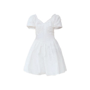 Tea Break Short Skirt in White with V-Neck and Puff Sleeves High Waist Cotton Princess-Style Dress for Summer
