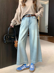 Light Blue High Waist Nine-Tenths Straight Leg Jeans Womens Autumn European Washed Loose Casual Wide Leg Pants