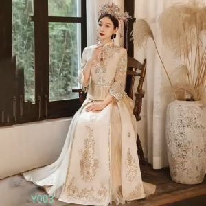 ชุดยกน้ำชา ชุดเจ้าสาวจีนสีทอง แชมเปน ผ้าหนาทิ้งตัวทรงสวย สวยหรู สง่างาม ☘สินค้าพร้อมส่ง