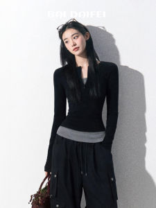 BAIDAIFEI | Black Fake Two-Piece Long-Sleeve T-Shirt Fitted Women