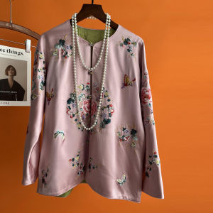 New Chinese Style Womens Jacket Elegant Satin Acetate Loose round Neck Spring Autumn Trendy Embroidery Top Fashionable Traditional