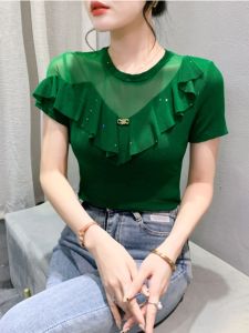 Áo Thun Nữ Tay Ngắn Khoét Rỗng Gợi Cảm Thời Trang Lưới Thiết Kế Viền Xòe Vàng Sấy Dáng Ôm Vừa Vặn Cơ Bản Mùa Hè