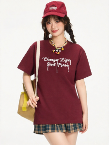 Gbiaior | Flattering White-Cool Summer Short Sleeve T-Shirt Wine Red