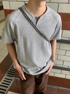 American Retro Cityboy Henley Shirt Mens Loose Raglan Short Sleeve Waffle Henry Collar T-Shirt Casual Easiest for Match Fashion