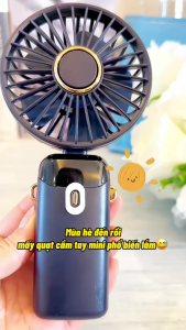 Quạt cầm tay tích điện mini siêu mát để bàn kiêm giá đỡ điện thoại 5 cấp độ gió pin trâu màn hình LED hiển thị % pin