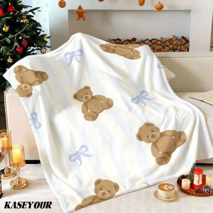 Beast Kingdom | Teddy Bears Blue Stripes Winter Summer Flannel Blanket Throw Fleece Soft Fuzzy Plush Cozy Fleece Blankets for Sofa Ideal Gifts