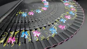 Vintage Spanish Folding Fan for WomenDoubled-Side Flower Painting Gypsy Wooden Hand Fan for DanceFestival Decoration and Gift (Black)