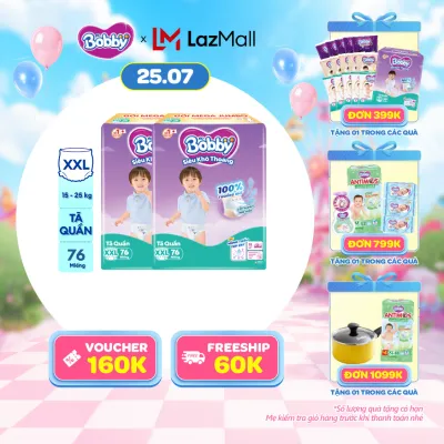 [SALE CUỐI THÁNG QUÀ TO] Combo 2 Tã/bỉm quần Bobby 3mm Mega Jumbo Siêu khô thoáng XXL76 [Bao bì thay đổi theo từng đợt nhập hàng]