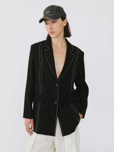 Simple Contrast Color Stitching Notch Lapel Straight Fit Stylish Black Suit Jacket