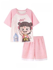 MiiOW | Catwoman Cute Na Zha Childrens Short Sleeve Sleepwear Summer Thin Cotton Home Clothes Two-Piece Set For Girls Age 13 And Up