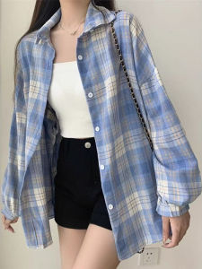 เสื้อเชิ้ตสีน้ำเงินลายสก็อตสไตล์ญี่ปุ่นย้อนยุคสำหรับผู้หญิง เสื้อคลุมกันหนาวหลวมๆ สบายๆ สไตล์ลำลอง เสื้อคลุมกันหนาวแบบสวมเปิด