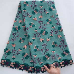 5Yards Navy Blue African Cotton Lace Fabric Pink & Blue Floral Embroidery Swiss Voile with Rhinestones For Party Dresses