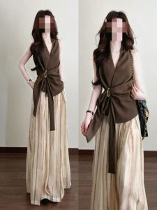 LIRUSHAN | Retro Stylish Sleeveless Halter Back Tie-Neck Stripe Suit Summer