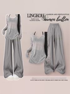 NUMEN BUTTON | Summer Relaxing High-quality Slimming Three-piece Set Thin Cover Shirt Tank Top and Trousers