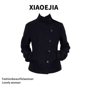 Slim Fit Short Woolen Coat Black Stand Collar Womens Top Winter Fashion Outerwear Stylish Commute Pear Shape Body Type