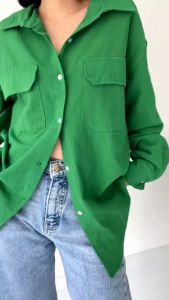 Kemeja Wanita Linen Oversize Lengan Panjang Double Pocket Bahan Linen Angel