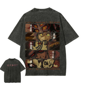 Bandai | Demon Slayer Mens Womens Washed T-Shirt Akaza Kokushibo Summer Spring Anime Tee Retro Distressed Loose Versatile Short Sleeve