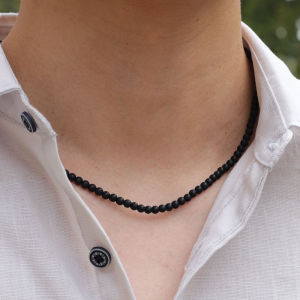 Dây Chuyền Nam Đá Tự Nhiên Tối Giản 4mm Mắt Hổ Onyx Obsidian Hạt Ngắn 18 Inch Kiểu Choker Phong Cách Hip Hop Rock