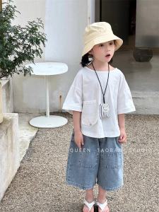 South Korea Childrens Clothing Girl Three-Dimensional Pocket Comfortable Short-Sleeved T-shirt Summer New Baby All-Match round Neck Half-Sleeve Base T