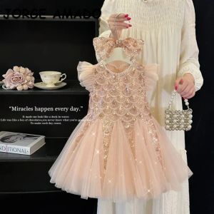 Girls Birthday Party Princess Dress O-neck Flare Sleeve Sequined Patchwork Mesh Dresses for Stage Performance Wedding S3069-2