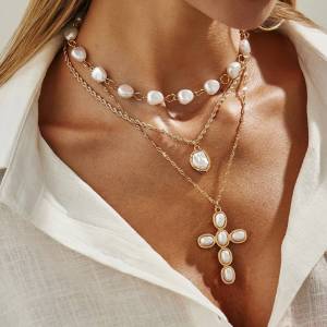 Salircon 3Pcs/Set ​Elegant Imitation Pearl Cross Pendant Necklace for Women Boho Y2K Clavicle Chain Banquet Party Jewelry Gifts