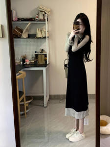 Fall New Style French Elegant Long Sleeve Knitted Dress Women Slim Fit Base Layer Long Skirt A-Line Midi Dress Casual Commute