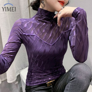 YIMEI เสื้อผู้หญิงสีม่วง2023ใหม่เสื้อยืดลูกปัดแฟชั่นแขนยาวเพรียวบาง