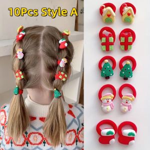 10Pcs Kids Girls Christmas Hair Ties Cute Santa Claus & Reindeer Design Festive Hair Accessories Holiday Parties Decorations