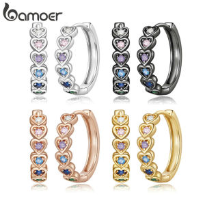 BAMOER 925 Sterling Silver Needle Rainbow Heart Hoop Earrings For Women Colorful Zircon Ear Buckles Fashion Jewelry YIE229