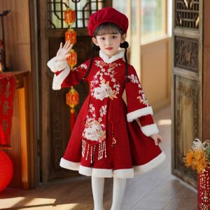 ชุดเดรสเด็กผู้หญิงสไตล์เจ้าหญิงสีแดง ชุดฤดูหนาว เสื้อผ้าเด็ก สไตล์จีน ชุดฮ่องกง ชุดเดรสจีนโบราณ ชุดเด็กผู้หญิง