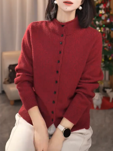 QINGNAER | Goddess Style Red Half-Turtleneck Single-Button Knitted Sweater