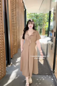 E12เดรสยาวคอปกแต่งโบว์สาวอวบสาวพลัสไซส์ รุ่นใหม่งานเรียบหรูเก็บทรงสวย