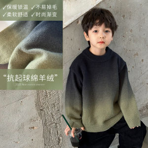 XiaoJieJia Winter Thickened Sheep Velvet Gradient Color Knitted Sweater for Boys Warm And Stylish Korean Style Baby Clothes